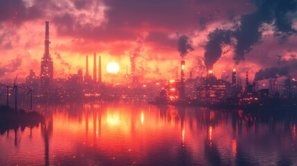 Naklejka premium A vibrant industrial landscape at sunset, showcasing silhouettes of factories and smokestacks reflecting on a body of water.