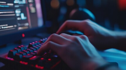 Close-up of hands typing on a red backlit keyboard, the screen of a computer in the background is out of focus.