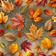 Colorful autumn leaves scattered on a textured background create a vibrant seasonal display in a natural setting