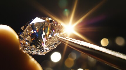 A perfectly cut diamond being held by tweezers, with light shining through its facets, creating a beautiful, radiant sparkle.