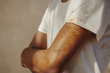 Naklejka premium Close-up of an arm with visible skin texture and a worn, stained shirt.