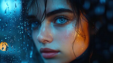Fototapeta premium melancholic young woman gazing out rainstreaked window bathed in soft blue light reflective moment captures feelings of introspection and quiet contemplation in intimate portrait