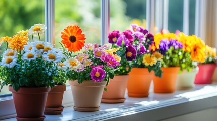 Fototapeta premium A row of neatly arranged potted flowers on a windowsill, with a variety of colorful blooms including daisies, marigolds, and petunias. The window overlooks a peaceful garden.