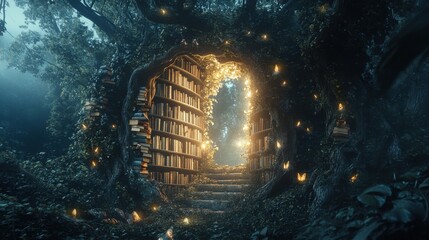 Fototapeta premium A hidden underground library with stone walls, books glowing with magical energy, and a crystal chandelier lighting the mysterious space