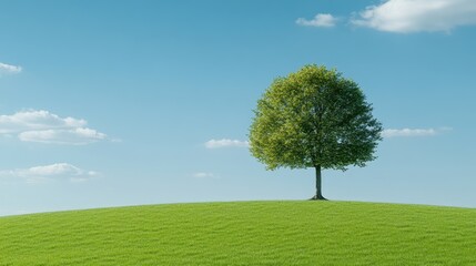 Obraz premium Lush green oak tree standing majestically in a tranquil open field under the sun surrounded by gentle grass