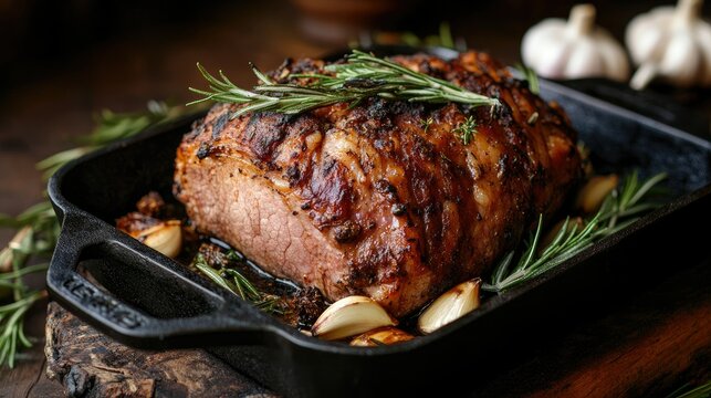A pork shoulder roast sizzling on a cast-iron BBQ pan, surrounded by rosemary sprigs and garlic, with a rustic outdoor background.