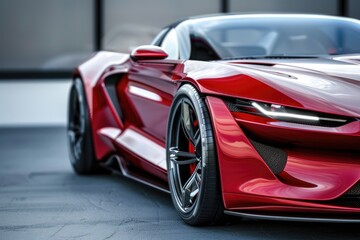 A bright red sports car is parked in an empty parking lot, waiting to hit the road