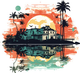 Obraz premium Sunset sailing adventure with palm trees Vector illustration for Tshirt design
