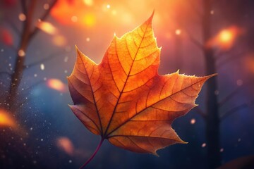 A close-up of a vibrant orange leaf illuminated by sunlight in a serene forest during autumn