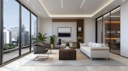 A modern office with a large window overlooking the city