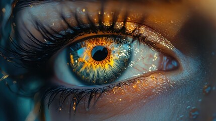 mesmerizing extreme closeup of a womans eye intricate iris patterns in shades of amber and gold with long lashes and flawless skin soft natural lighting enhances details