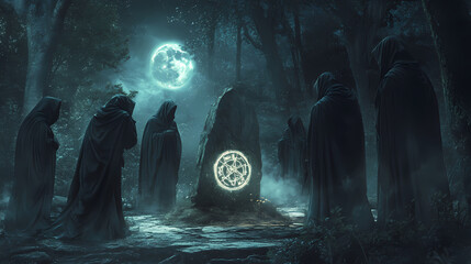 Generative AI, Dark Fantasy Ritual: Hooded Figures in Shadows Around a Stone Altar