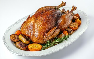 A golden roast goose served on an elegant platter with roasted vegetables against a clean white background