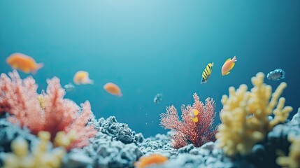 Underwater scene featuring colorful fish and vibrant coral reefs.