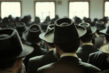 Group of men gathered together wearing hats, suitable for use in business or social settings