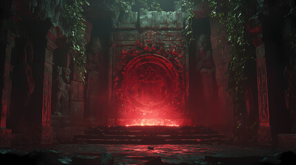 Generative AI, Dark Altar with Red Runes in a Candlelit Ancient Temple