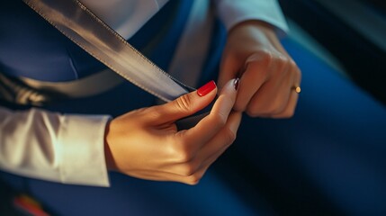 Obraz premium Woman fastening seatbelt with red nails, close up.