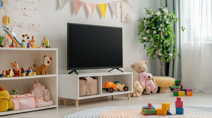 A delightful nursery showcases a variety of colorful toys neatly arranged on shelves, alongside a cozy television. Playful decorations enhance the cheerful atmosphere, inviting creativity and fun