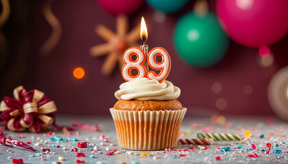 Birthday cupcake with burning lit candle with number 89. Number eighty-nine for eighty-nine years or eighty-ninth anniversary.