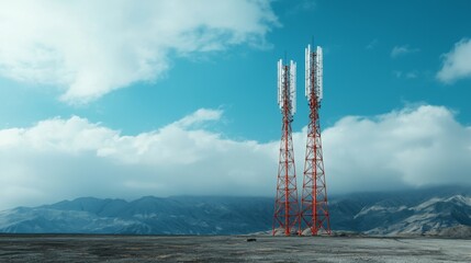 Telecommunication Network Visualization, interconnected communication towers spanning diverse landscapes, signals radiating outward, minimalist background, clean design, open space