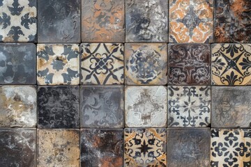 Close-up of a wall featuring multiple types of tiles, great for decorative purposes or as a design element