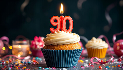 Birthday cupcake with burning lit candle with number 90. Number ninety for ninety years or ninetieth anniversary.