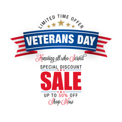 Holiday design, background with handwriting text and national flag colors for U.S. Veterans day event, sales and comercial events; Vector illustration.
