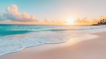 A serene beach at sunset with gentle waves and a colorful sky.