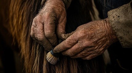 Close-up of weathered hands brushing a horse's mane.