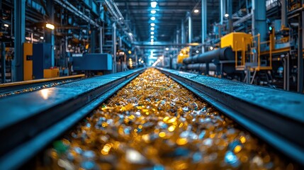 Obraz premium A close-up of railway tracks lined with shimmering materials in a factory setting, illuminated by industrial lights.