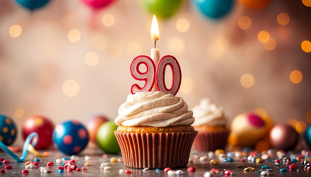 Birthday cupcake with burning lit candle with number 90. Number ninety for ninety years or ninetieth anniversary.