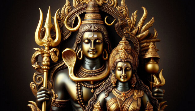 old metal vintage statue of the Hindu religious god Shiva with golden Trident and Parvati, Hindu religious, Hindu festival Maha Shivratri concept