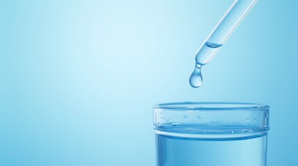 Glass flask with blue liquid, a pipette with a falling drop above the flask. Blue background, medical, laboratory theme.