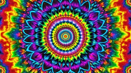 A vibrant, symmetrical mandala design with bright colors and intricate patterns.