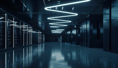 Futuristic data center hallway with glowing blue light strips and reflective floor surface, creating a high tech atmosphere