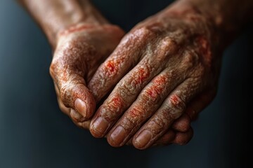 Fototapeta premium Close-up of weathered hands showing signs of wear and tear, highlighting resilience and struggle.