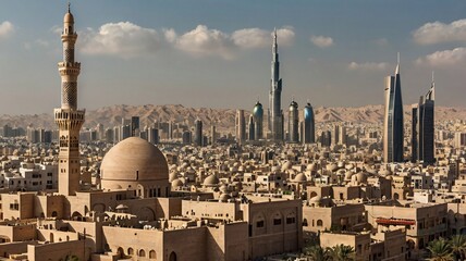 A panoramic view of an Arab city with traditional and modern architecture, featuring mosques 