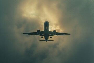 Obraz premium A large commercial airliner soaring through the clouds with contrails visible in the blue sky