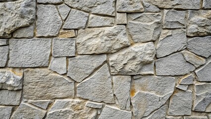 Gray stone wall with cracks and white flecks, close-up