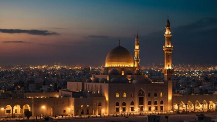 Fototapeta premium A serene evening view of an Arab city, with mosque lights illuminating the skyline and modern buildings creating 
