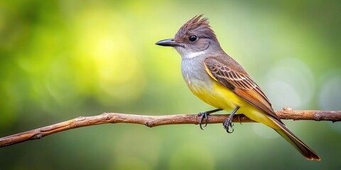 Obraz premium Great crested flycatcher sitting on branch, medium shot
