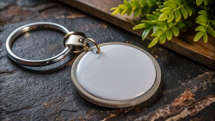 mock up white blank round key chain, gray background,