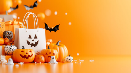 This promotional banner highlights a lively Halloween theme with bright orange backgrounds, playful pumpkins, spooky bats, and cheerful decorations perfect for festive celebrations