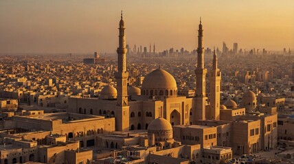 A sunset view of an Arab city skyline, with mosque silhouettes and modern buildings, framed by the warm glow of the setting sun 