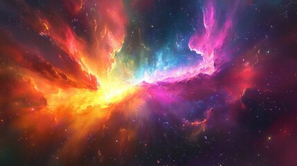 Naklejka premium A vibrant cosmic scene depicting swirling colors and celestial elements in a nebula-like formation.