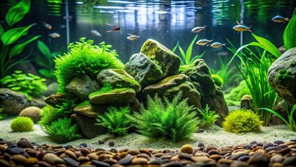 Obraz premium Green algae attached to stone in freshwater aquarium tank, creating a forced perspective illusion