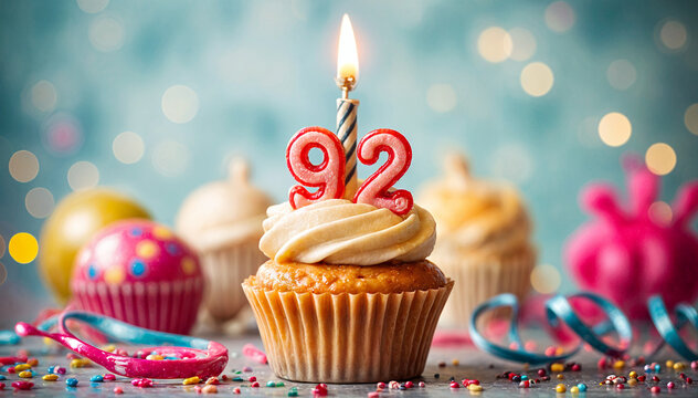 Birthday cupcake with burning lit candle with number 92. Number ninety-two for ninety-two years or ninety-second anniversary.