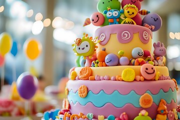 Delicious birthday cake decorated with colorful figures standing on table