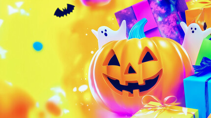 This Halloween promotional banner showcases a carved pumpkin with a smiling face, playful ghost decorations, and colorful gifts, creating a festive and inviting atmosphere
