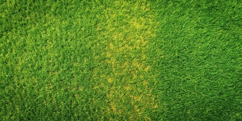 Fototapeta premium Green Bermuda turf grass texture with yellow patches shot from directly above Bird Eye View